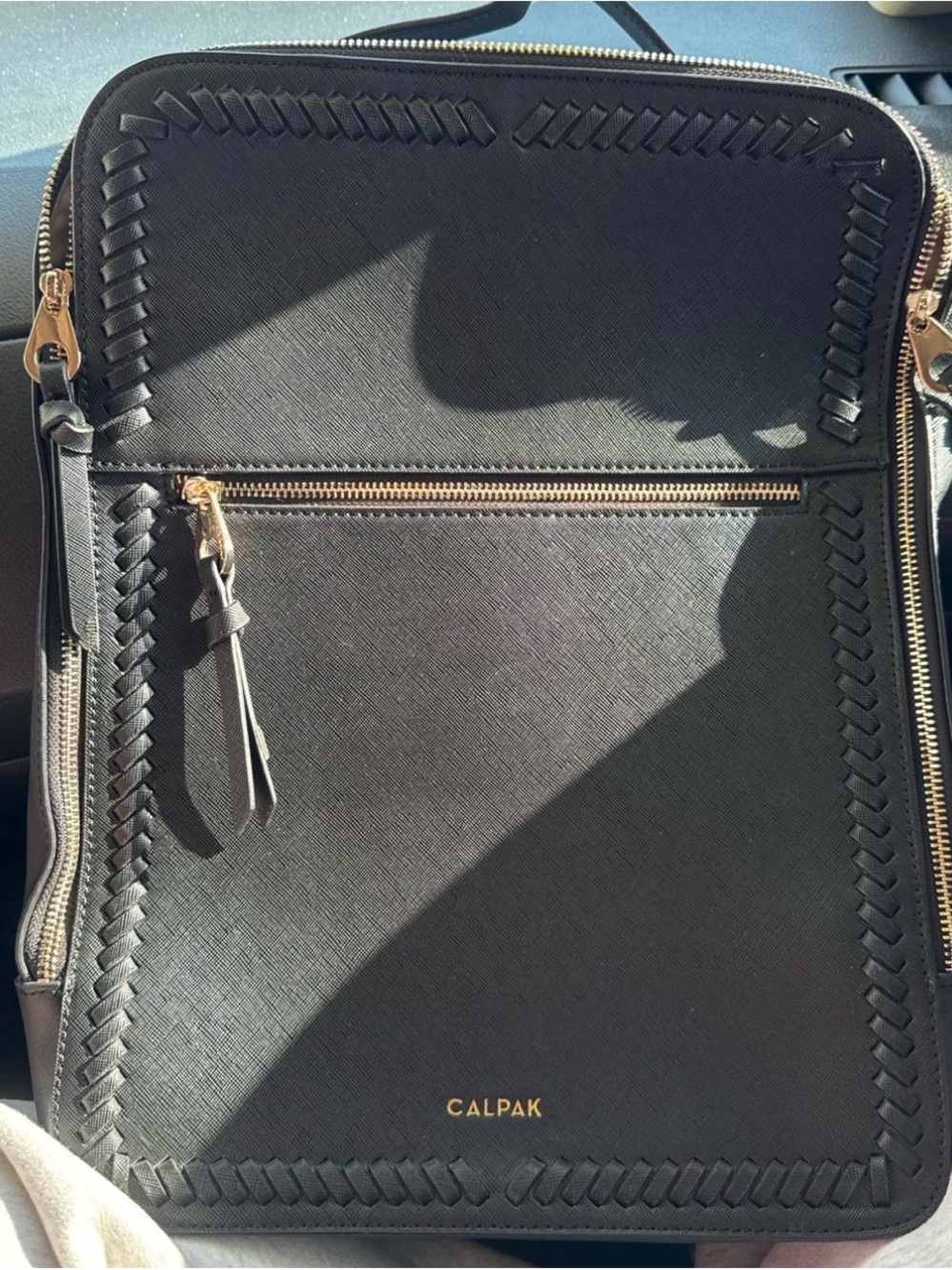 Calpak Black Leather-Look Laptop Bag with Gold Hardware